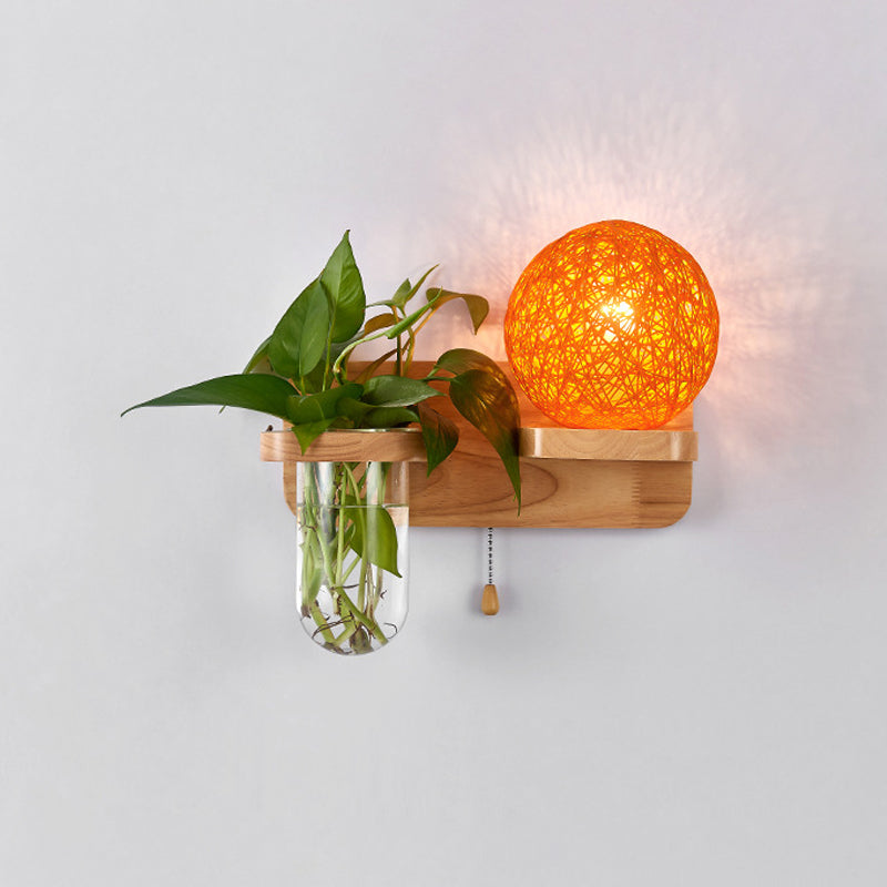 Frendorf | Kogelvormige Nachttafellamp Rattan 1-Lichts Moderne Wandlamp met Trekschakelaar in Hout