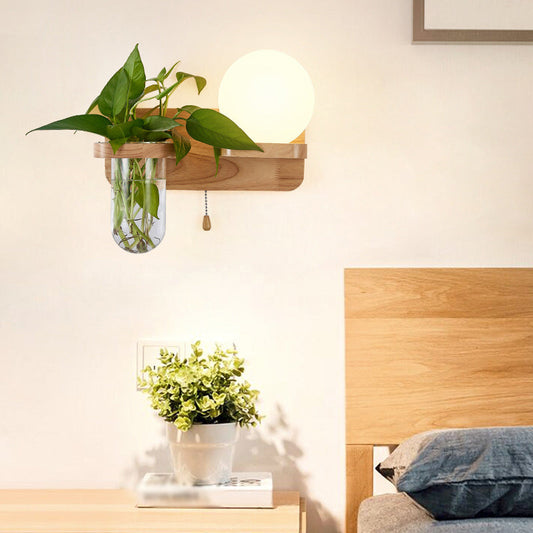 Frendorf | Geometrische Trekkette Wandleuchte Einfachheit Weißes Glas Einzeln Flur Wandmontierte Lampe in Holz
