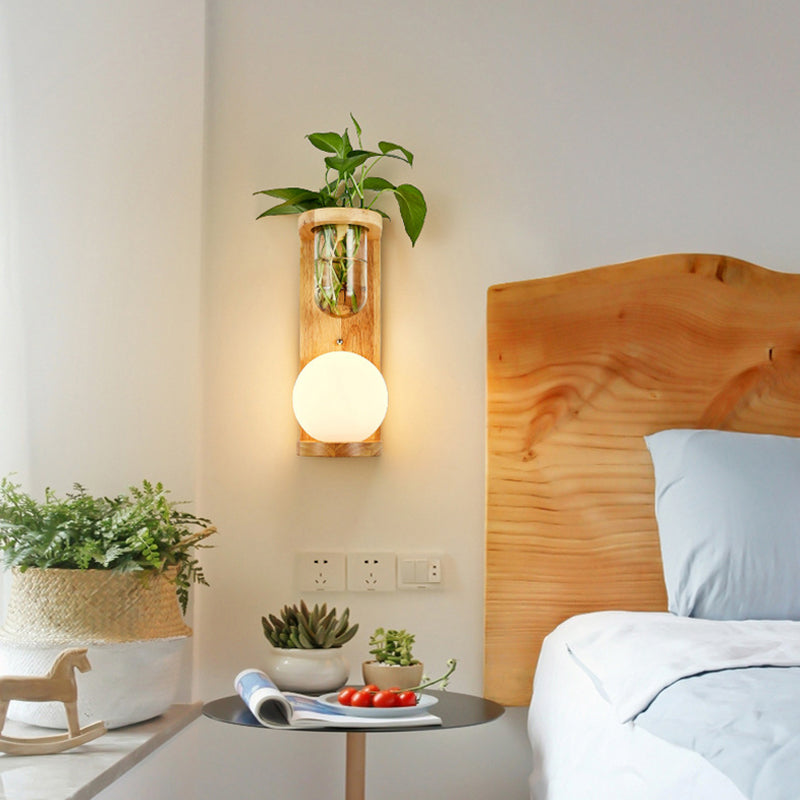 Frendorf | Weißes Glas Geometrische Wandbeleuchtung Modern 1 Kopf Holz Wandleuchte Lampe für Nachttisch