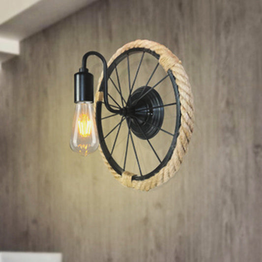Frendorf | 1 Licht offene Glühlampe Wandlampe Industrie Schwarz Seil Wandmontierte Lampe mit Radform