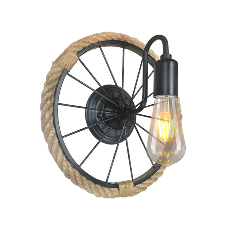 Frendorf | 1 Licht offene Glühlampe Wandlampe Industrie Schwarz Seil Wandmontierte Lampe mit Radform