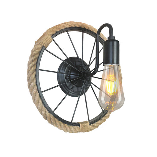 Frendorf | 1 Licht offene Glühlampe Wandlampe Industrie Schwarz Seil Wandmontierte Lampe mit Radform