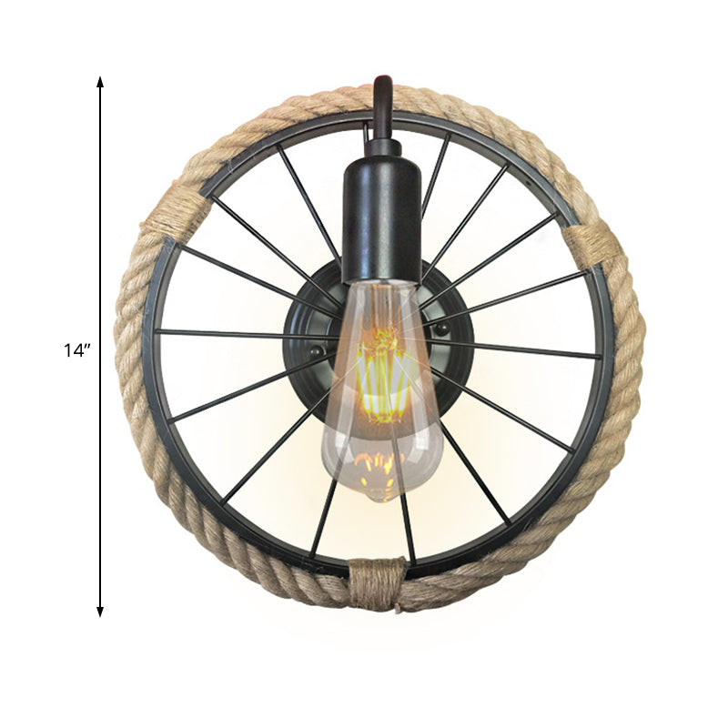 Frendorf | 1 Licht offene Glühlampe Wandlampe Industrie Schwarz Seil Wandmontierte Lampe mit Radform