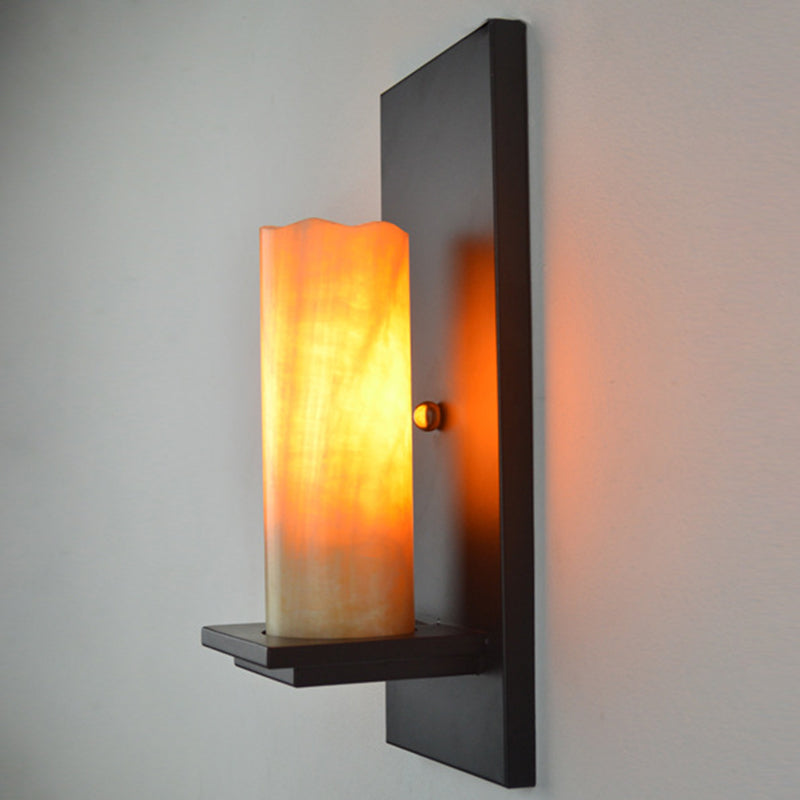 Frendorf | Zylinder Wandleuchte Einzelleuchte Beige Marmor/Klares Glas Industrie Schlafzimmer Wandmontierte Lampe mit Rechteckiger Rückplatte
