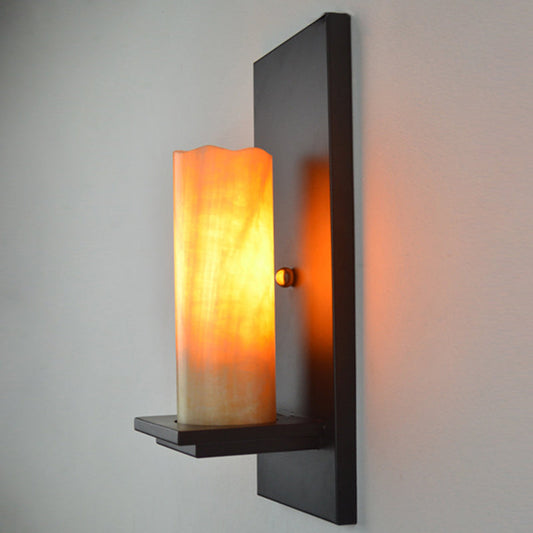 Frendorf | Zylinder Wandleuchte Einzelleuchte Beige Marmor/Klares Glas Industrie Schlafzimmer Wandmontierte Lampe mit Rechteckiger Rückplatte