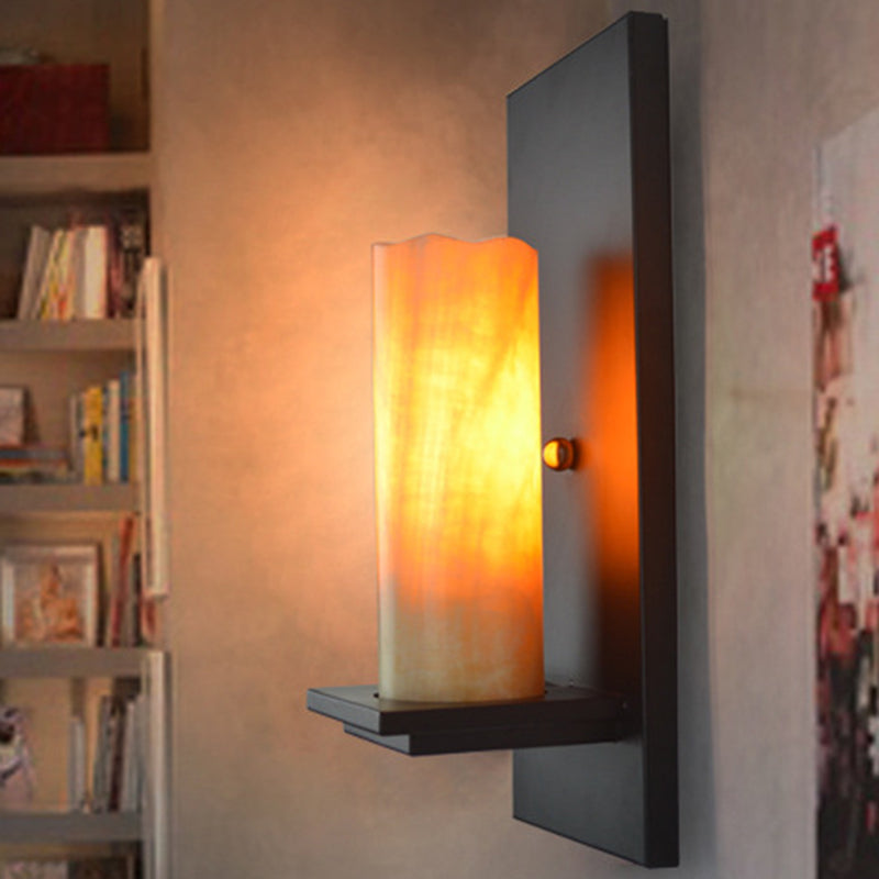 Frendorf | Zylinder Wandleuchte Einzelleuchte Beige Marmor/Klares Glas Industrie Schlafzimmer Wandmontierte Lampe mit Rechteckiger Rückplatte