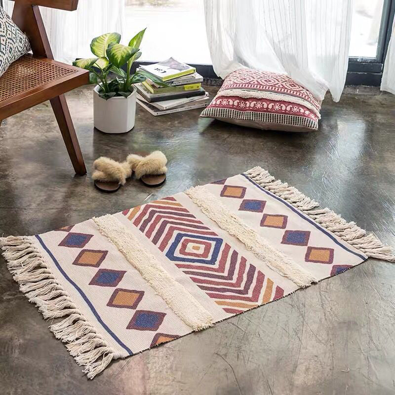 Frendorf | Boho nahtlos geometrisches Muster Teppich mehrfarbig Baumwollteppich haustierfreundlicher maschinenwaschbarer Teppich für das Wohnzimmer
