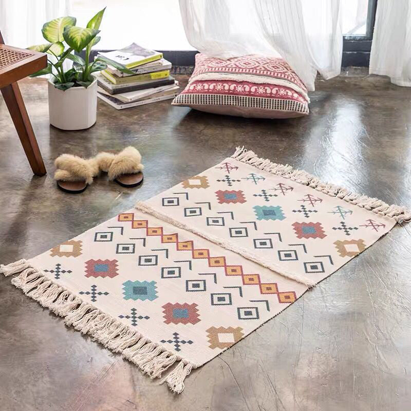 Frendorf | Boho nahtlos geometrisches Muster Teppich mehrfarbig Baumwollteppich haustierfreundlicher maschinenwaschbarer Teppich für das Wohnzimmer