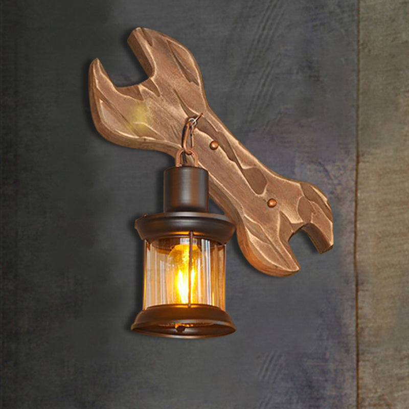 Frendorf | Lantaarn Binnen Muurverlichting Rustieke Stijl Helder Glas 1 Licht Zwarte Wandlamp met Houten Achterplaat
