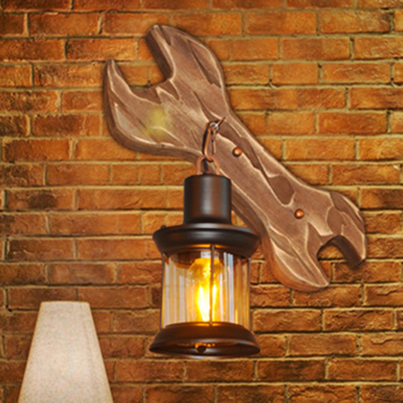 Frendorf | Lantaarn Binnen Muurverlichting Rustieke Stijl Helder Glas 1 Licht Zwarte Wandlamp met Houten Achterplaat