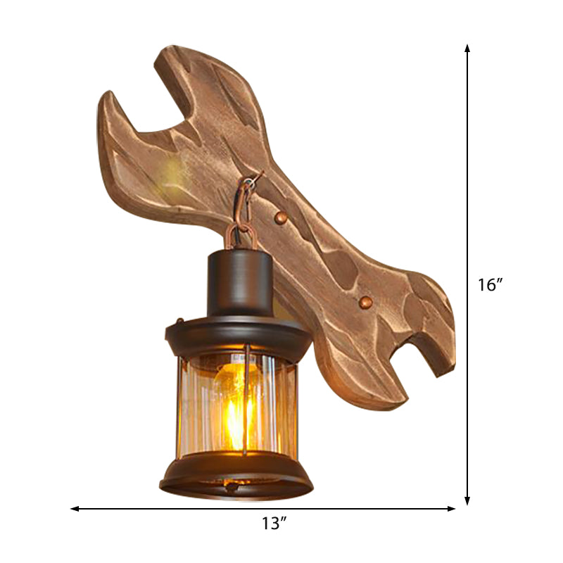 Frendorf | Lantaarn Binnen Muurverlichting Rustieke Stijl Helder Glas 1 Licht Zwarte Wandlamp met Houten Achterplaat