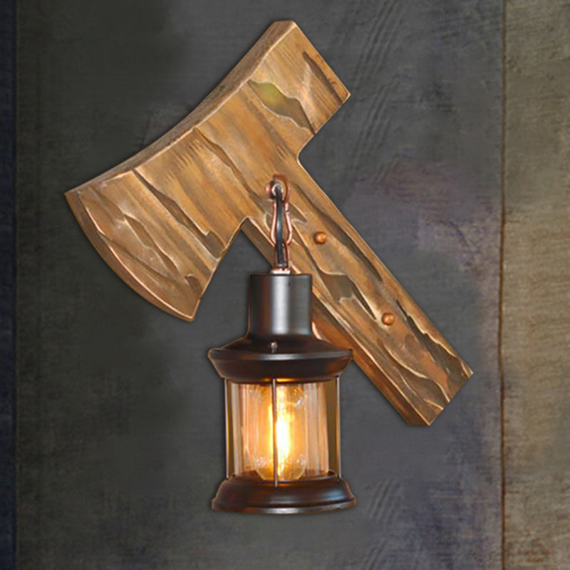 Frendorf | Lantaarn Binnen Muurverlichting Rustieke Stijl Helder Glas 1 Licht Zwarte Wandlamp met Houten Achterplaat