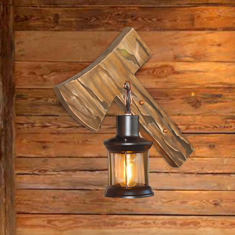 Frendorf | Lantaarn Binnen Muurverlichting Rustieke Stijl Helder Glas 1 Licht Zwarte Wandlamp met Houten Achterplaat