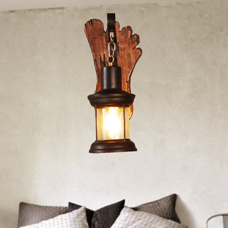 Frendorf | Kerosene Eetkamer Wandlamp Kusthelder Glas 1 Licht Zwarte Wandlamp Lichtarmatuur met Houten Voet/Axe Achterplaat
