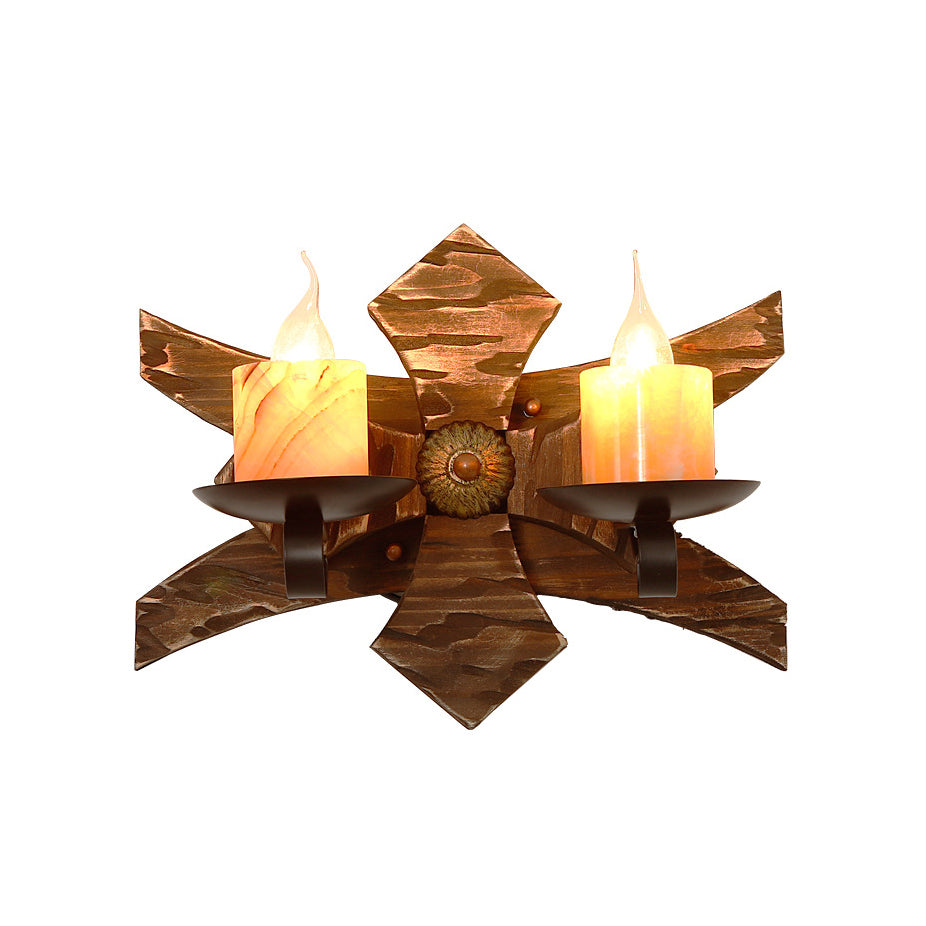 Frendorf | Schwarze Kerze/Laterne Wandbeleuchtung Vintage-Stil Klarglas/Marmor 2-Licht Innenwandleuchte mit Holzrückplatte
