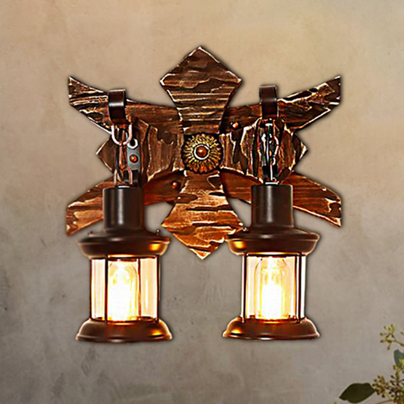 Frendorf | Schwarze Kerze/Laterne Wandbeleuchtung Vintage-Stil Klarglas/Marmor 2-Licht Innenwandleuchte mit Holzrückplatte