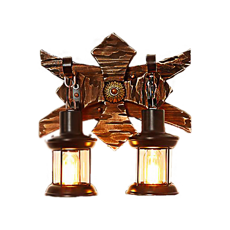 Frendorf | Schwarze Kerze/Laterne Wandbeleuchtung Vintage-Stil Klarglas/Marmor 2-Licht Innenwandleuchte mit Holzrückplatte
