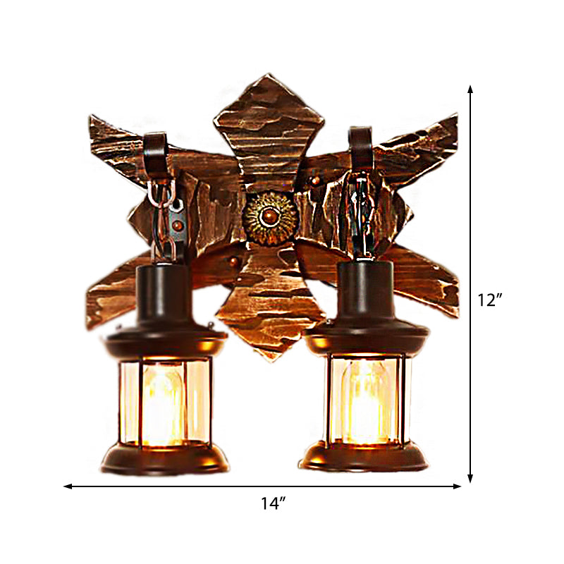 Frendorf | Schwarze Kerze/Laterne Wandbeleuchtung Vintage-Stil Klarglas/Marmor 2-Licht Innenwandleuchte mit Holzrückplatte