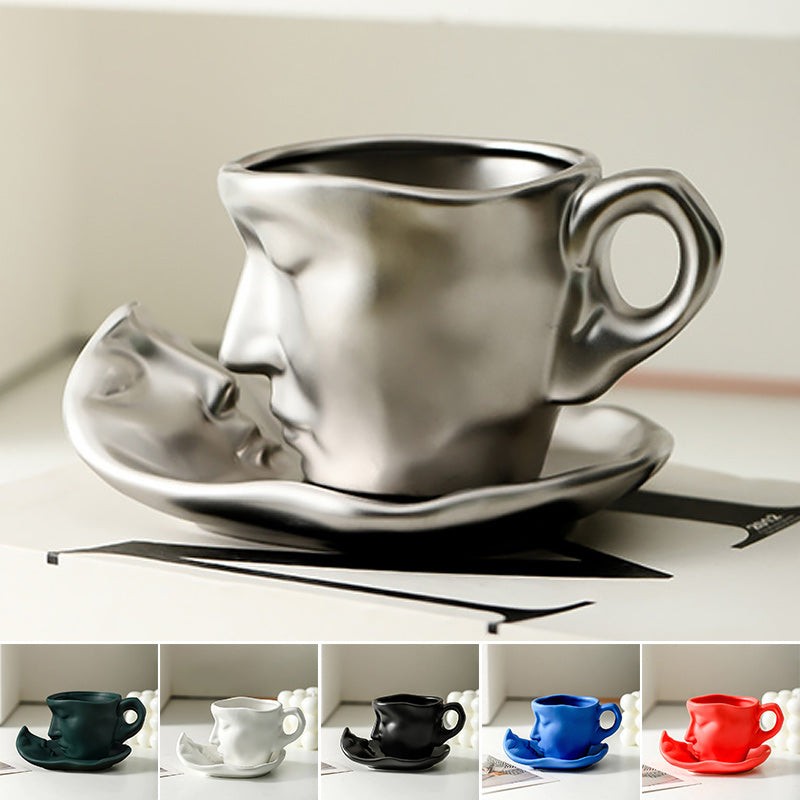 Frendorf | Metal Touching Face Kreative Keramik Kuss Kaffeetasse, Künstlerisches Vibe Becher & Untertassen Set