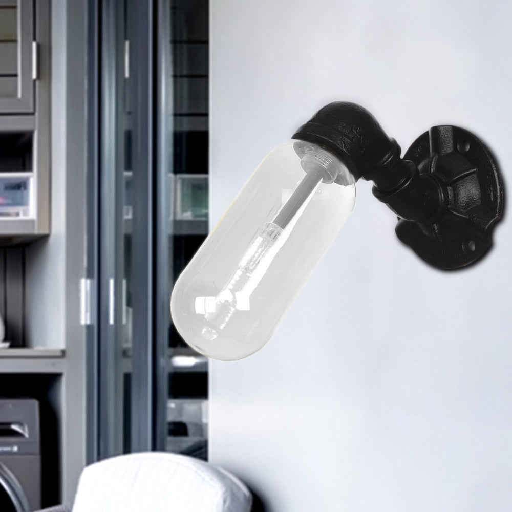 Frendorf | 1 Licht Wandlamp Verlichting Industriële Capsule Duidelijk Glas Wandlamp Armatuur in Zwart met Pijpd ontwerp