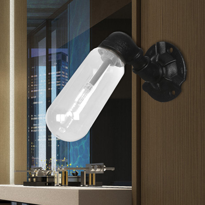 Frendorf | 1 Licht Wandlamp Verlichting Industriële Capsule Duidelijk Glas Wandlamp Armatuur in Zwart met Pijpd ontwerp