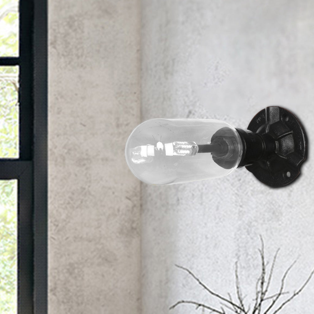 Frendorf | 1 Licht Wandlamp Verlichting Industriële Capsule Duidelijk Glas Wandlamp Armatuur in Zwart met Pijpd ontwerp