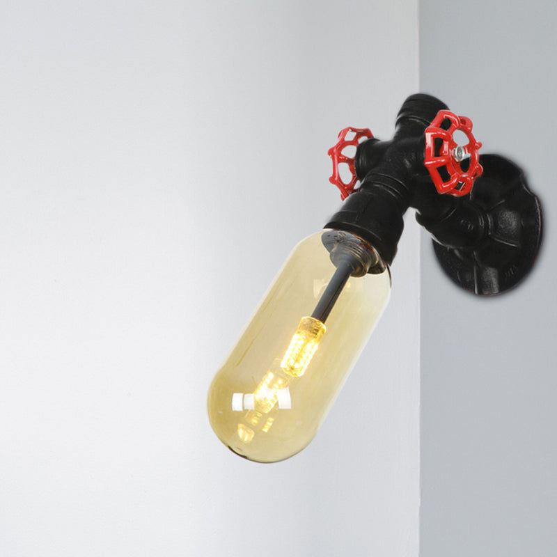 Frendorf | 1 Glühbirne Kapsel Wandleuchte Schwarz Industrielles Metall und Bernstein Glas Wandmontierte Lampe für Innen mit Rohr