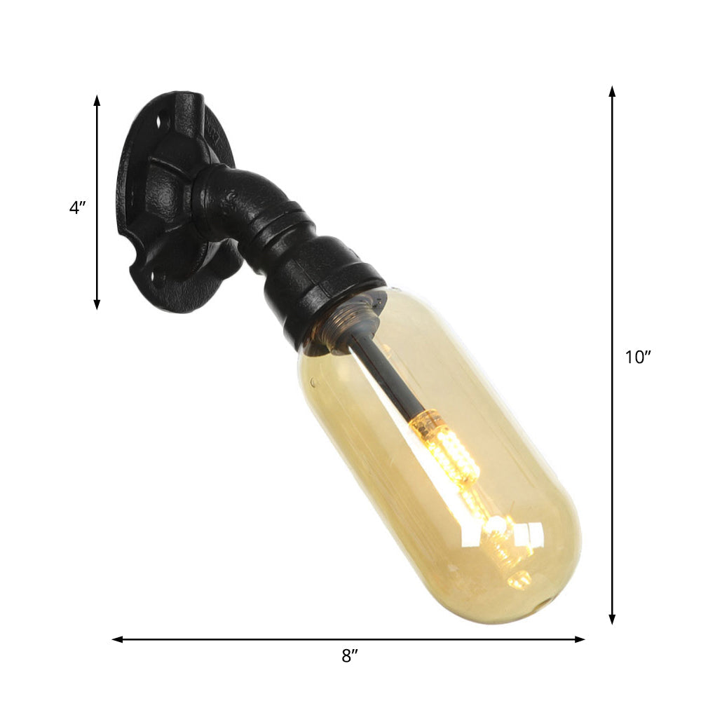 Frendorf | 1 Glühbirne Kapsel Wandleuchte Schwarz Industrielles Metall und Bernstein Glas Wandmontierte Lampe für Innen mit Rohr