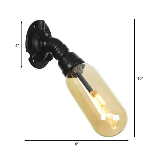 Frendorf | 1 Glühbirne Kapsel Wandleuchte Schwarz Industrielles Metall und Bernstein Glas Wandmontierte Lampe für Innen mit Rohr