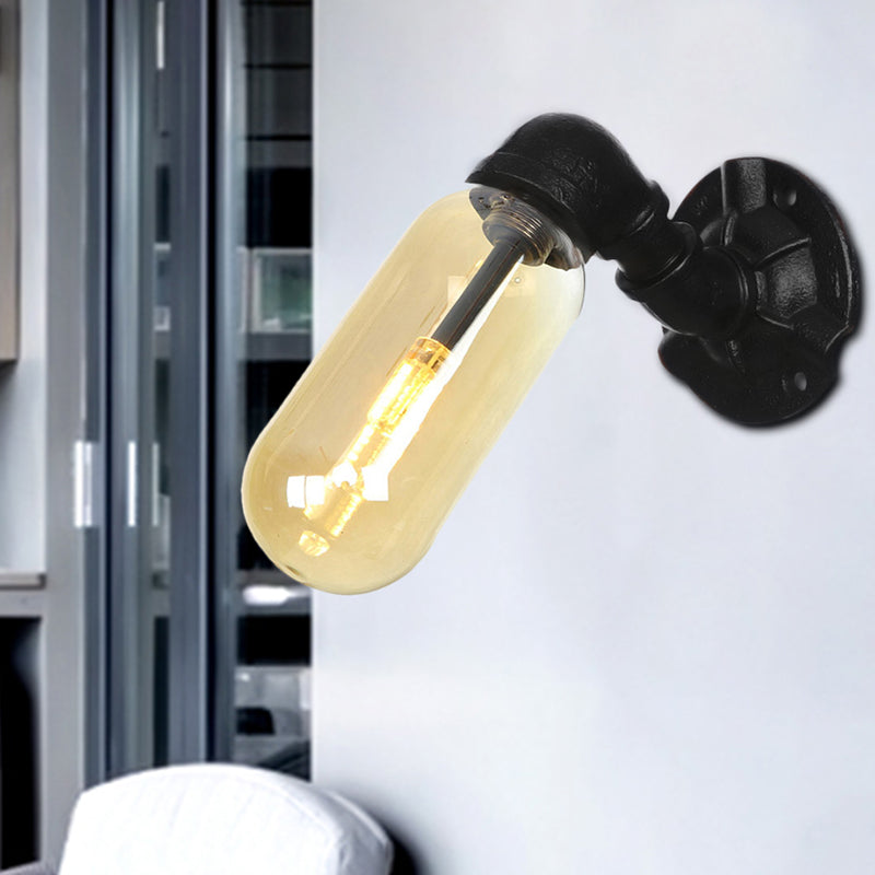 Frendorf | 1 Glühbirne Kapsel Wandleuchte Schwarz Industrielles Metall und Bernstein Glas Wandmontierte Lampe für Innen mit Rohr