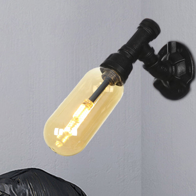 Frendorf | 1 Glühbirne Kapsel Wandleuchte Schwarz Industrielles Metall und Bernstein Glas Wandmontierte Lampe für Innen mit Rohr