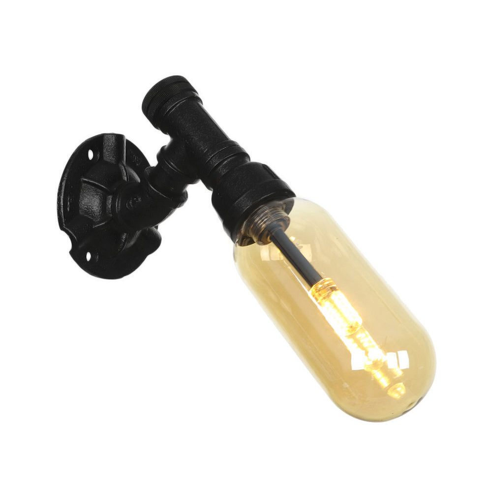 Frendorf | 1 Glühbirne Kapsel Wandleuchte Schwarz Industrielles Metall und Bernstein Glas Wandmontierte Lampe für Innen mit Rohr