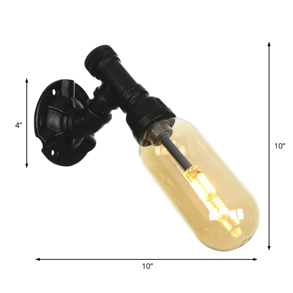 Frendorf | 1 Glühbirne Kapsel Wandleuchte Schwarz Industrielles Metall und Bernstein Glas Wandmontierte Lampe für Innen mit Rohr