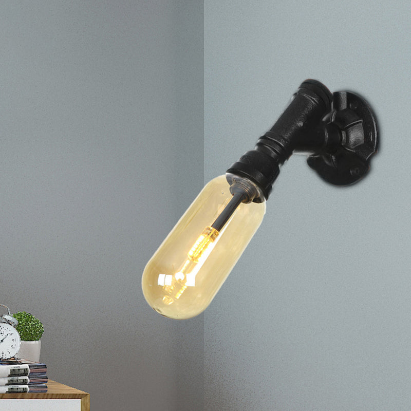 Frendorf | 1 Glühbirne Kapsel Wandleuchte Schwarz Industrielles Metall und Bernstein Glas Wandmontierte Lampe für Innen mit Rohr