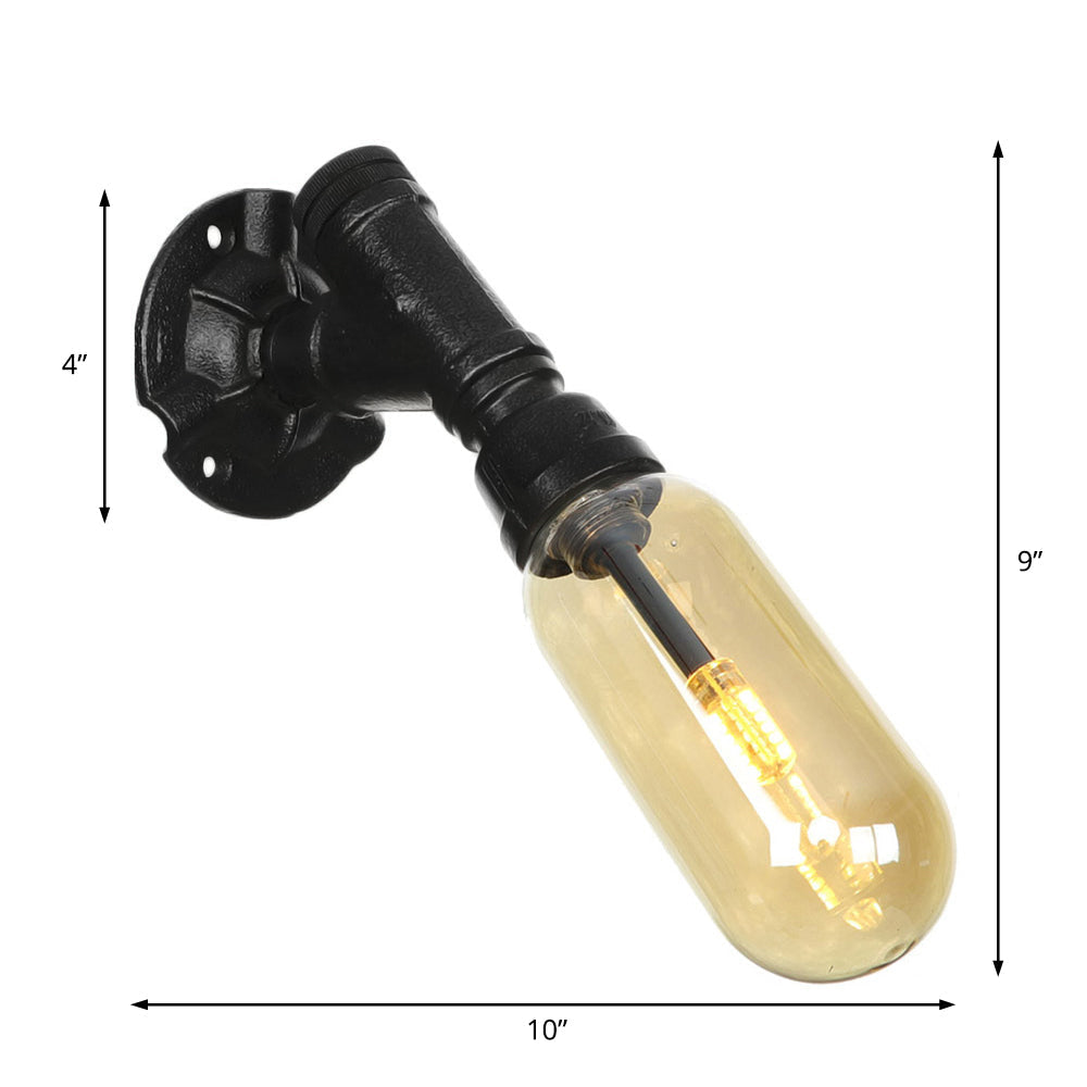 Frendorf | 1 Glühbirne Kapsel Wandleuchte Schwarz Industrielles Metall und Bernstein Glas Wandmontierte Lampe für Innen mit Rohr