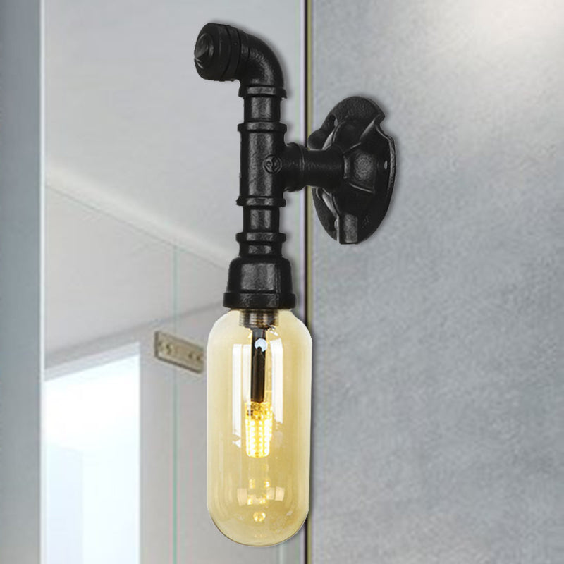 Frendorf | Oval Amber Glass Wandleuchte Industrie 1 Glühbirne Flur Wandmontierte Lampe in Schwarz mit Rohrdesign