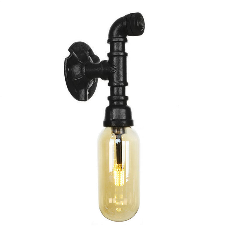Frendorf | Oval Amber Glass Wandleuchte Industrie 1 Glühbirne Flur Wandmontierte Lampe in Schwarz mit Rohrdesign