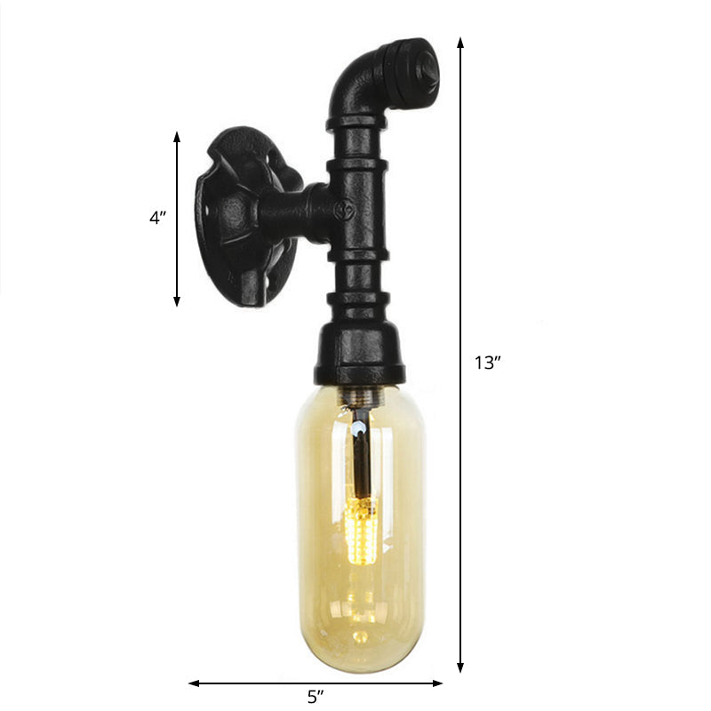 Frendorf | Oval Amber Glass Wandleuchte Industrie 1 Glühbirne Flur Wandmontierte Lampe in Schwarz mit Rohrdesign