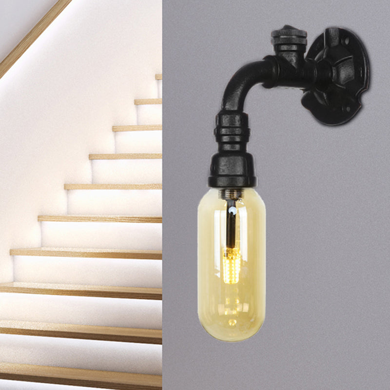 Frendorf | Oval Amber Glass Wandleuchte Industrie 1 Glühbirne Flur Wandmontierte Lampe in Schwarz mit Rohrdesign
