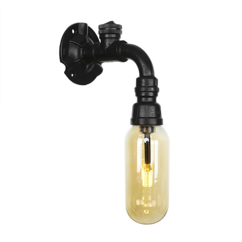 Frendorf | Oval Amber Glass Wandleuchte Industrie 1 Glühbirne Flur Wandmontierte Lampe in Schwarz mit Rohrdesign