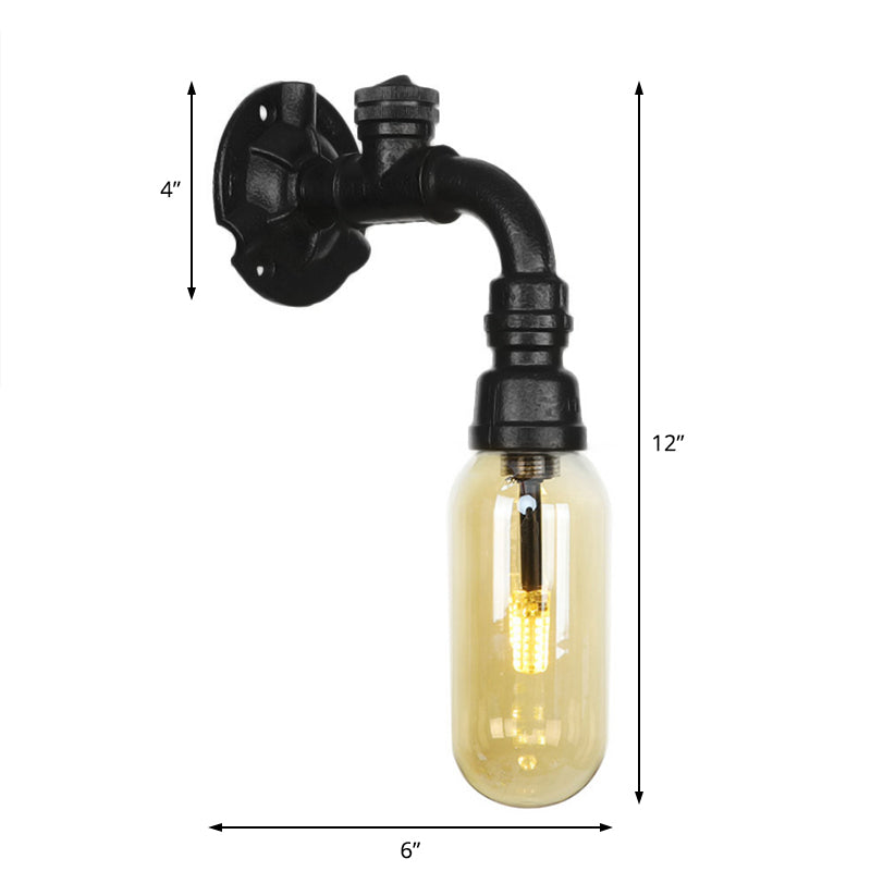 Frendorf | Oval Amber Glass Wandleuchte Industrie 1 Glühbirne Flur Wandmontierte Lampe in Schwarz mit Rohrdesign