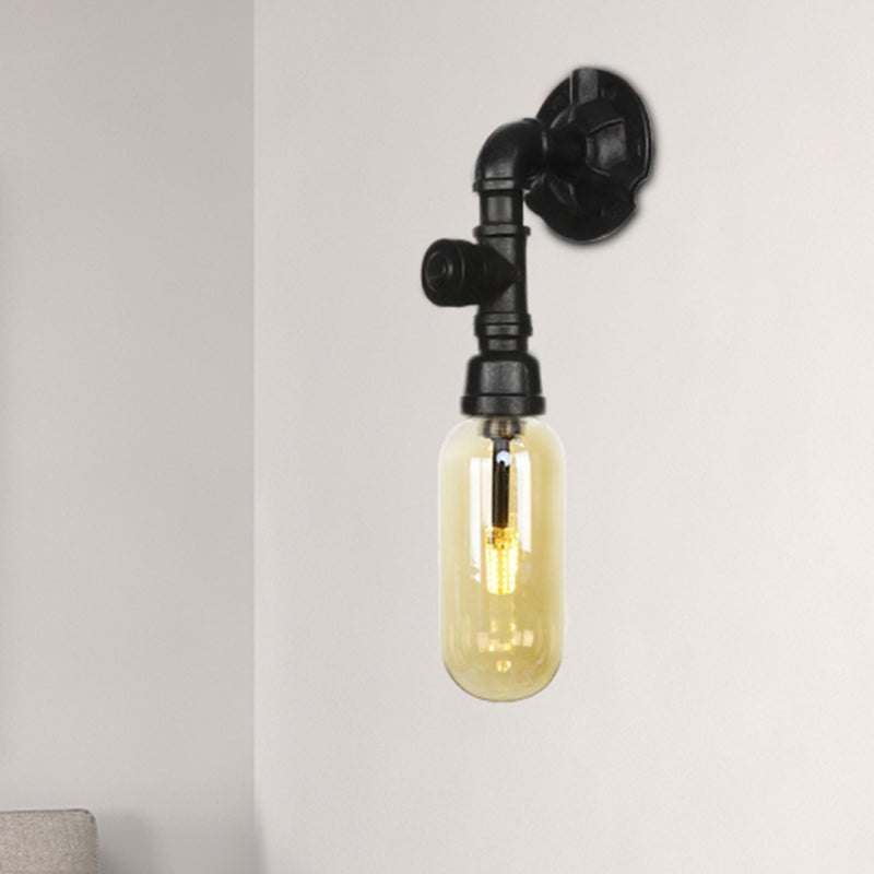 Frendorf | Oval Amber Glass Wandleuchte Industrie 1 Glühbirne Flur Wandmontierte Lampe in Schwarz mit Rohrdesign