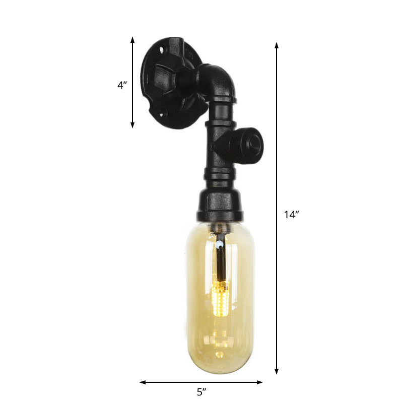 Frendorf | Oval Amber Glass Wandleuchte Industrie 1 Glühbirne Flur Wandmontierte Lampe in Schwarz mit Rohrdesign