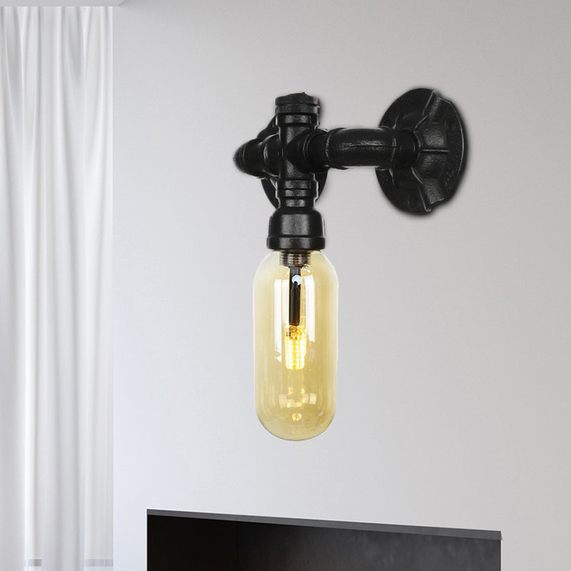 Frendorf | Oval Amber Glass Wandleuchte Industrie 1 Glühbirne Flur Wandmontierte Lampe in Schwarz mit Rohrdesign