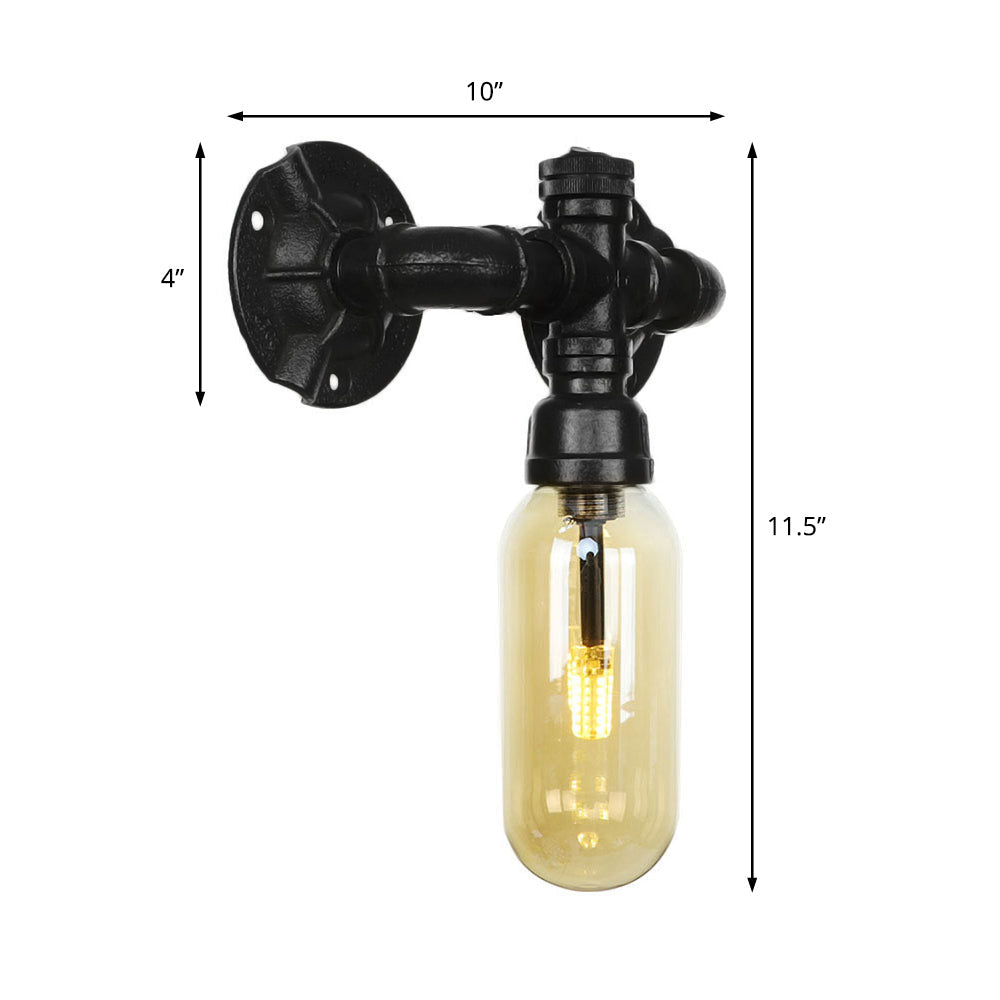 Frendorf | Oval Amber Glass Wandleuchte Industrie 1 Glühbirne Flur Wandmontierte Lampe in Schwarz mit Rohrdesign