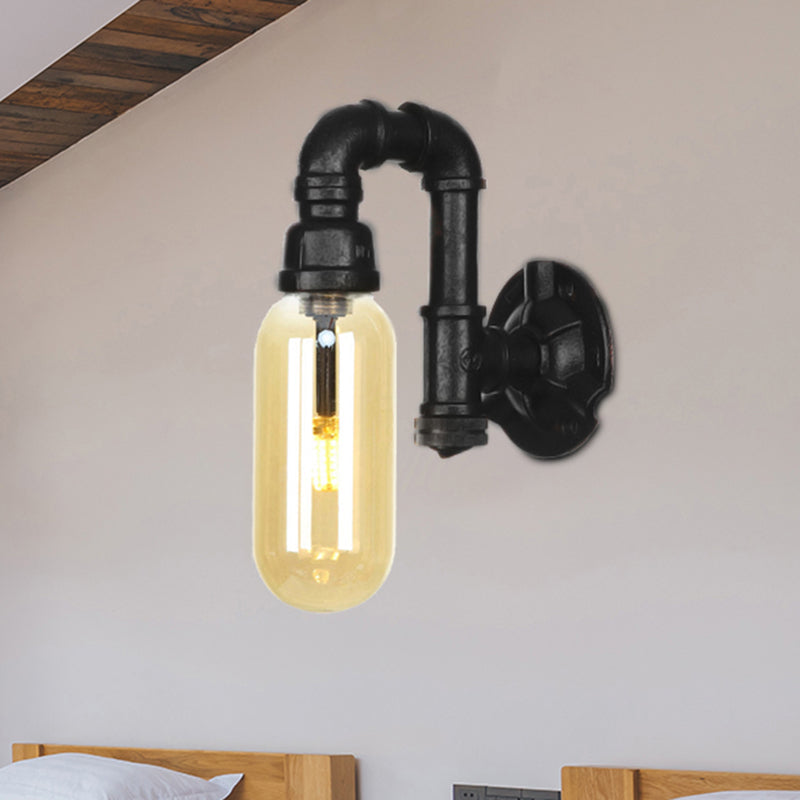Frendorf | Capsule Amber Glas Wandlamp Industrial 1 Peertje Binnen Muur Gemonteerd Lamp in Zwart met Pijp Ontwerp
