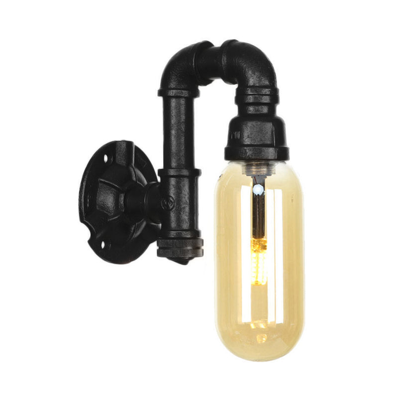 Frendorf | Capsule Amber Glas Wandlamp Industrial 1 Peertje Binnen Muur Gemonteerd Lamp in Zwart met Pijp Ontwerp