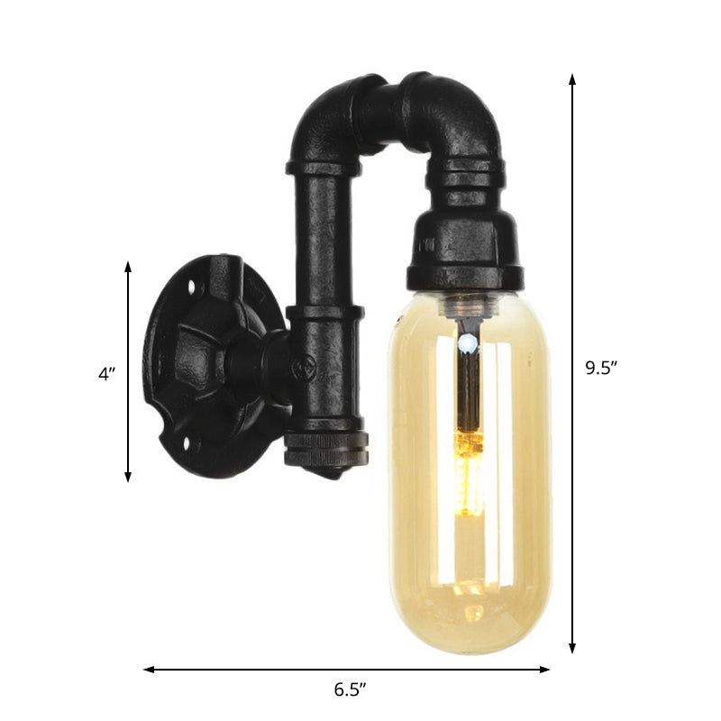 Frendorf | Capsule Amber Glas Wandlamp Industrial 1 Peertje Binnen Muur Gemonteerd Lamp in Zwart met Pijp Ontwerp