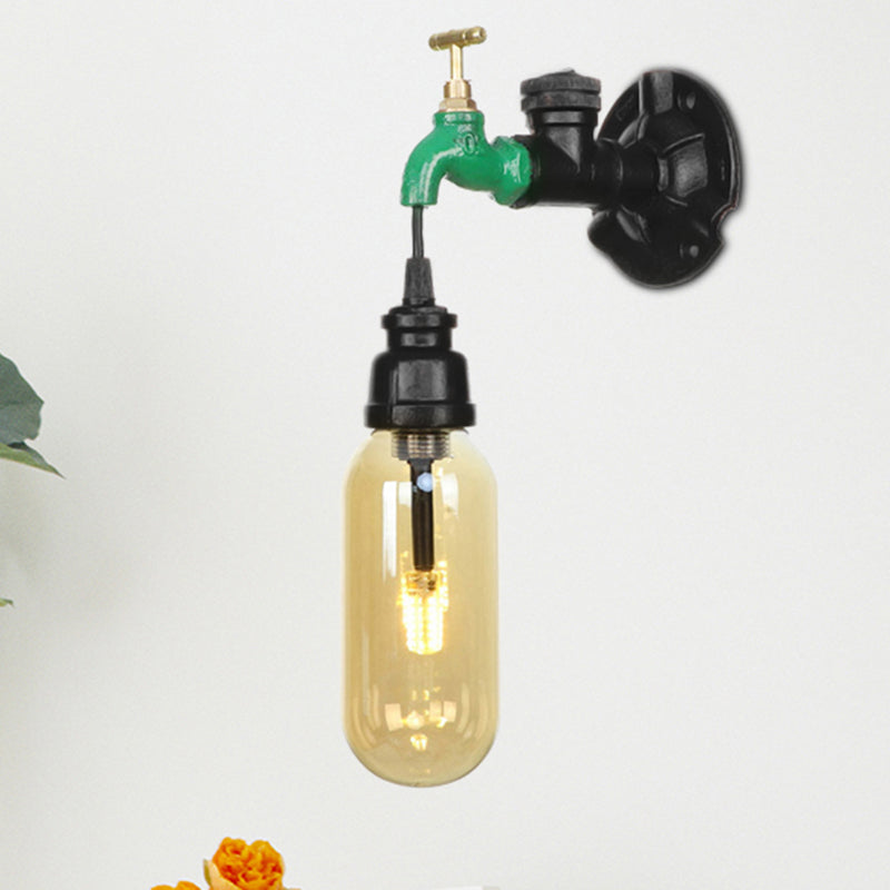 Frendorf | Capsule Amber Glas Wandlamp Industrial 1 Peertje Binnen Muur Gemonteerd Lamp in Zwart met Pijp Ontwerp