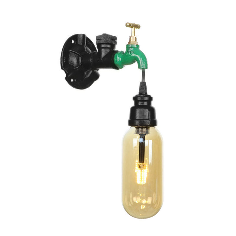 Frendorf | Capsule Amber Glas Wandlamp Industrial 1 Peertje Binnen Muur Gemonteerd Lamp in Zwart met Pijp Ontwerp